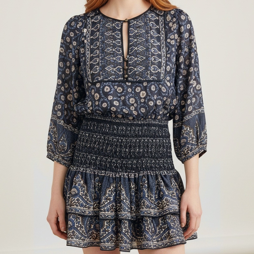 Veronica Beard Makai Silk Mini Dress Navy Blue Paisley Smocked Waist Tiered Sz 4